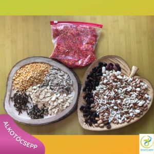 két tálon babok, magok, borsók, zacskóban festett, színes rizs