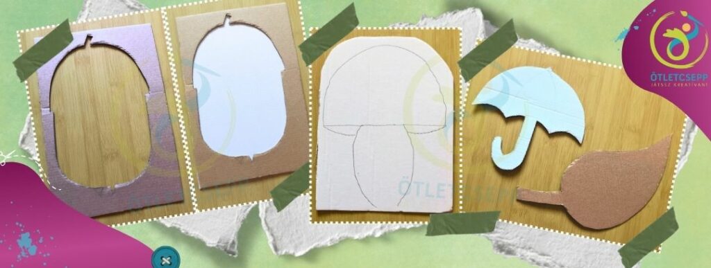 balról jobbra: vastag kartondobozból vágott darabon kivágott makk alakú lyuk
középen vastag dobozkartonra rajzolt gomba forma
jobb szélen vastag dobozkartonból vágott esernyő és falevél formák