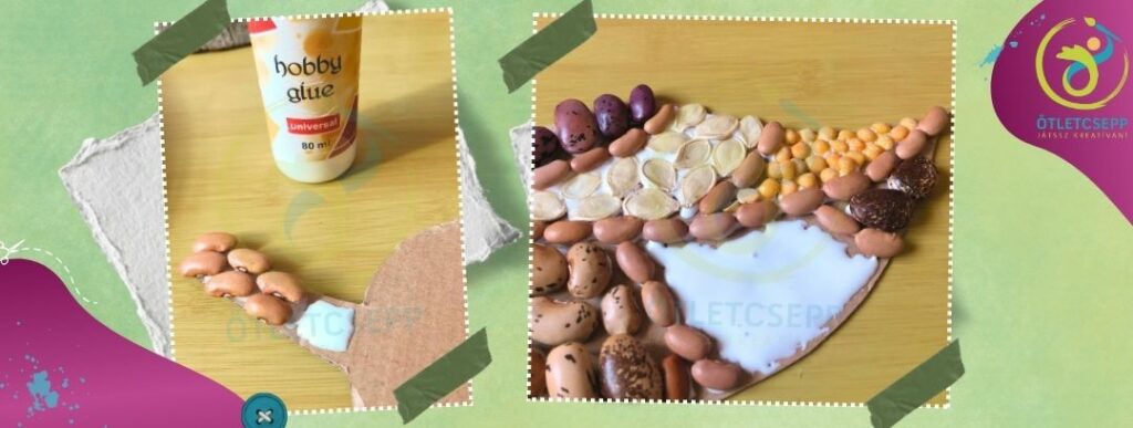 Pentart márkájú Hobby Glue ragasztó, előtte a falevél forma szárán néhány bab felragasztva, mellettük egy kis rész a szárból ragasztóval bekenve.
Jobb oldali képen a már szinte kész falevél forma utolsó üres része beragasztózva. A többi helyen már fel vannak ragasztva a termények.