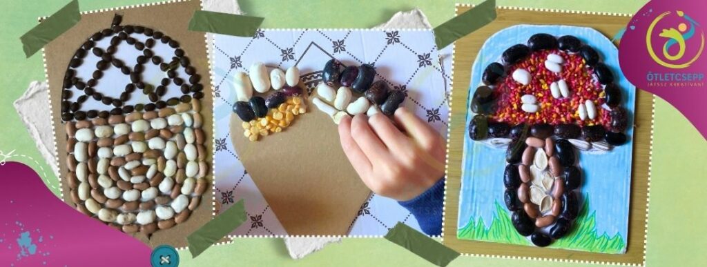 fehér és halványbarna babszemekkel kirakott makk forma, kávébabokkal kirakott kupaccsal, középen szív alakra különböző színű babok, sárgaborsó váltakozva ragasztva, jobb szélen gombaforma sötét nagy babszemekkel kontúrozva, szárán halványbarna babok és tökmag, kalapján fehér babokból foltok, piros-narancs rizzsel kitöltve.