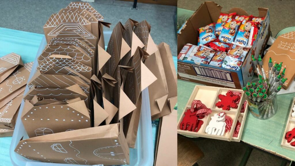 bal oldalon tasakok, fehér krétafilccel mézeskalács-ház mintával díszítve, jobbra képen dörmi mackó szeletek, ceruzák, karácsonyfadíszek csomagolásra várva