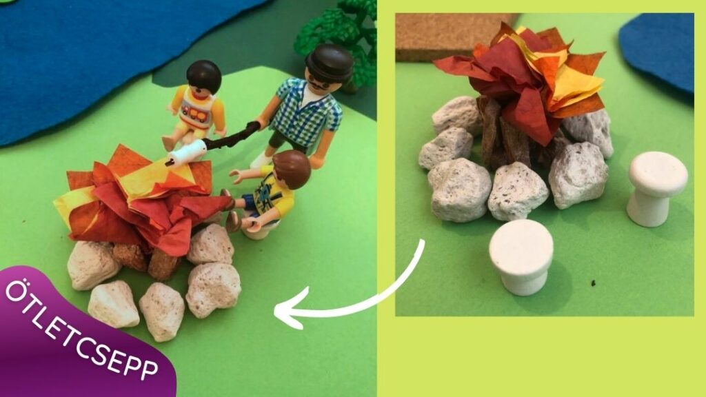 playmobil figurák fa gyöngyből készült pillecukrot sütögetnek a játék tábortűznél
