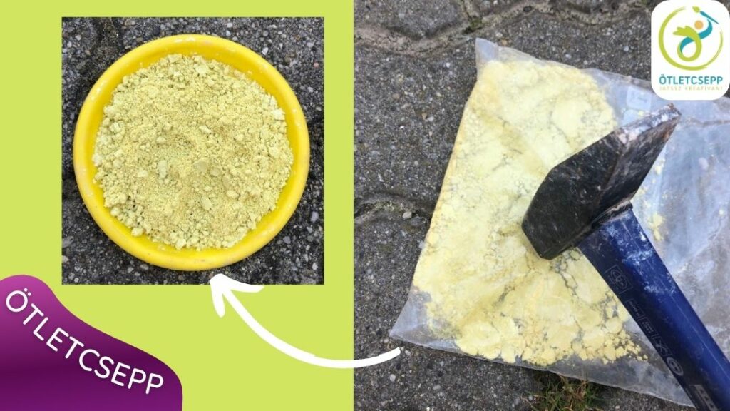 zacskóban sárga krétadarabok, kalapáccsal törik őket, mellette kis képen a végeredményként kapott darabkás krétapor