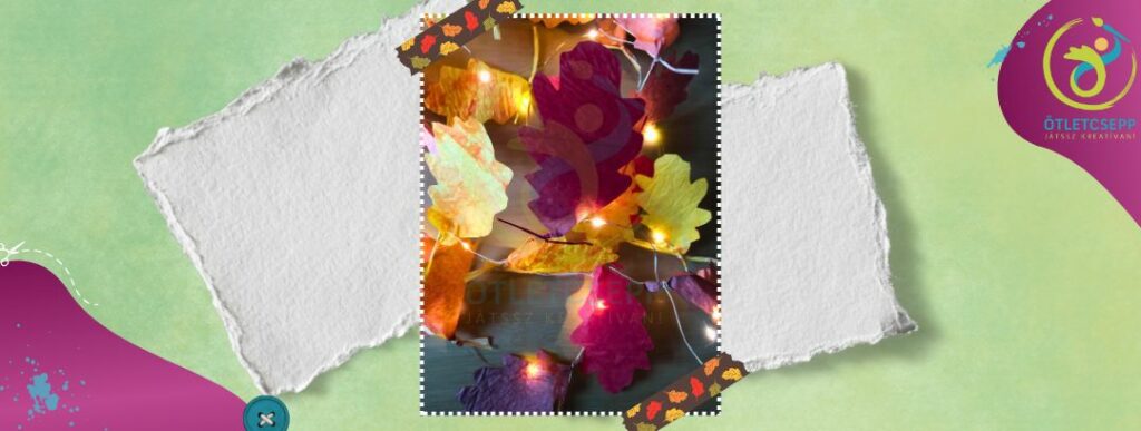 világító LED égősor, bordó, citrom,-és narancssárga gyűrt papírból vágott tölgylevelekkel