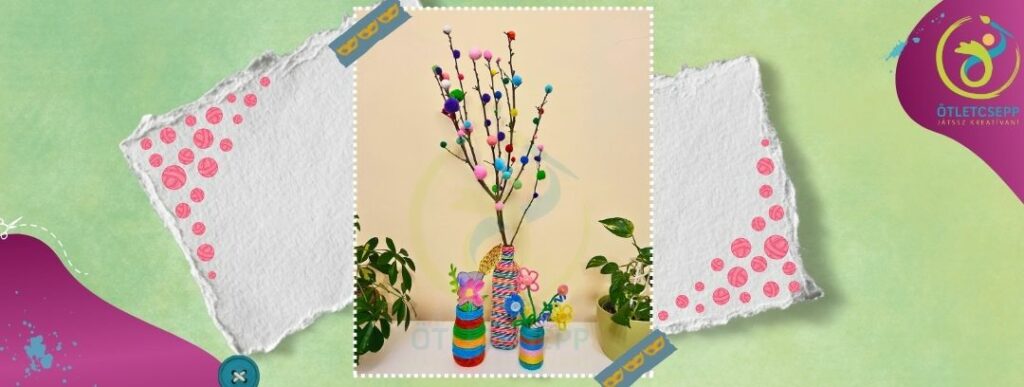 három színes fonalakkal körbetekert üveg. A bal szélső kisebb, tömzsi üvegben papírvirágok, a középső magas karcsú olívaolajos üvegben pompomfa (ágakra ragasztott pompomokkal), a jobb szélső aprócska üvegben zseníliadrótból és gombokból készített virágok vannak