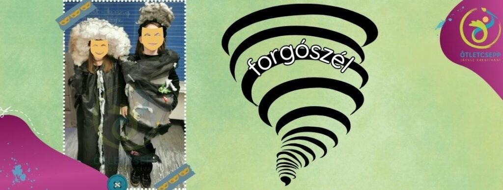 bal oldalon egy viharfelhőnek és egy forgószélnek öltözött gyerek maszkban, jobb oldalon egy forgószél ikon, rajta forgószél felirat