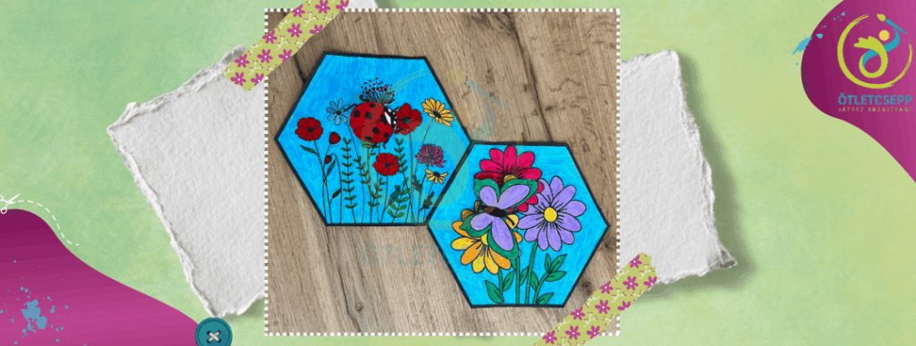 két hatszög alapban kiszínezett virágos rét, rajtuk egy-egy beporzó (katica, pillangó)