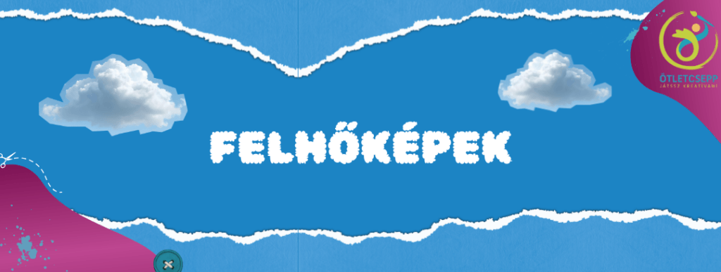 Felhőképek felirat tépett szélű papírok között, papírból tépett felhőkkel scrapbook stílusban, ötletcsepp logó