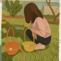 az egész kép scrapbook jellegű, középen kislány kosárba gyűjti az elrejtett tojásokat, mellette elszaladó nyúl hátulról. A kislány képe alatt különböző tépett papírok, tortacsipke mint háttér