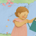 az egész kép scrapbook jellegű, tépett papír háttér, előtte virágszirmok, kislány locsolókannával virágokat öntöz