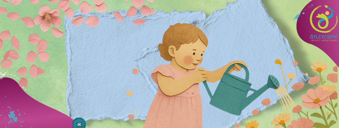 az egész kép scrapbook jellegű, tépett papír háttér, előtte virágszirmok, kislány locsolókannával virágokat öntöz
