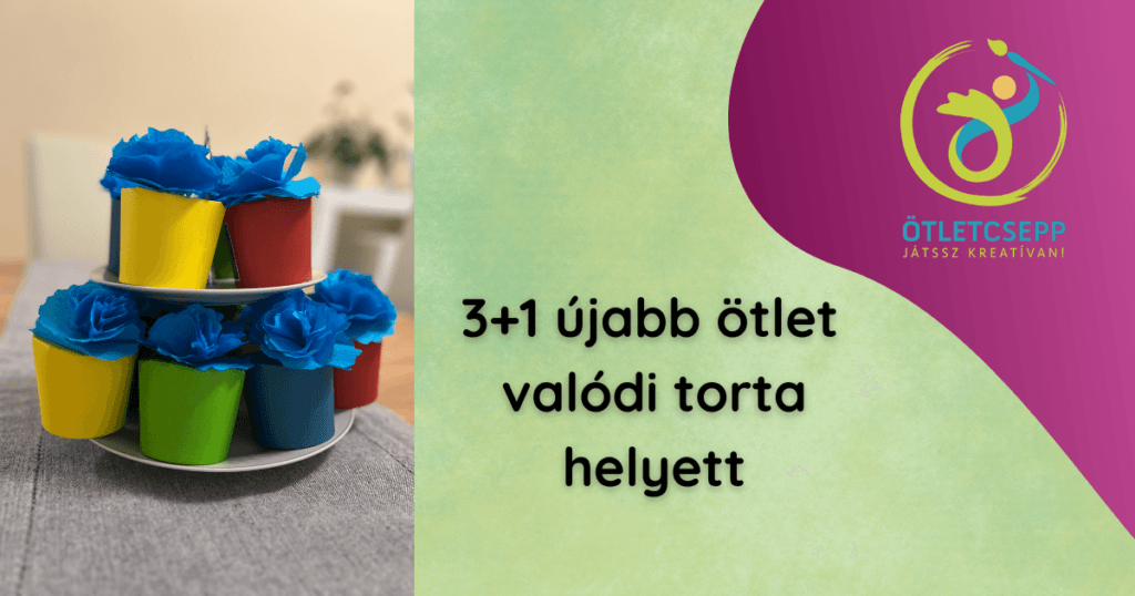 bal oldalon fotón emeletes muffin tálon színes papírpoharakból készült muffinok, köépen 3+1 újabb ötlet valódi torta helyett felirat, jobb szélen ötletcsepp logó