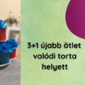 bal oldalon fotón emeletes muffin tálon színes papírpoharakból készült muffinok, köépen 3+1 újabb ötlet valódi torta helyett felirat, jobb szélen ötletcsepp logó